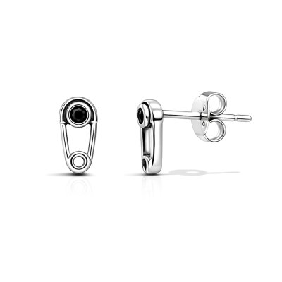 Sterling Silver Safety Pin With Black Spinel Stud Earrings