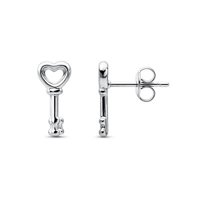 Sterling Silver Heart Key Stud Earrings