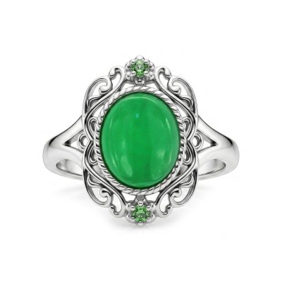 Sterling Silver Green Jadeite With Chrome diopside Ring