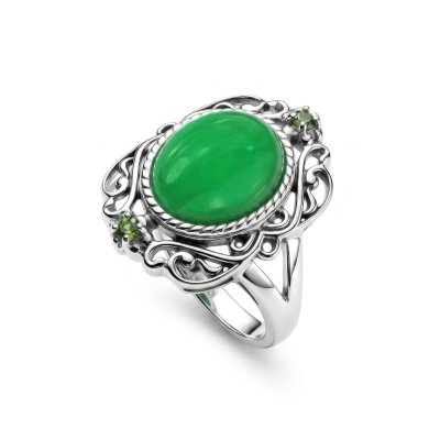Sterling Silver Green Jadeite With Chrome diopside Ring