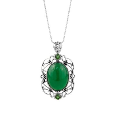 Sterling Silver Green Jadeite With Chrome diopside Pendant With Chain 18 Inches