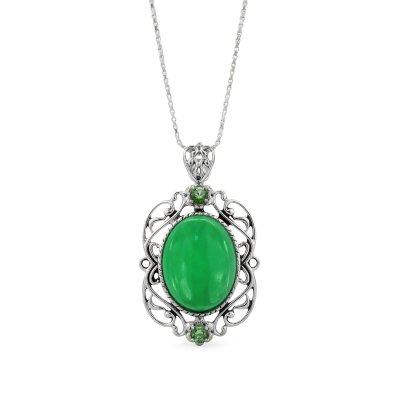 Sterling Silver Green Jadeite With Chrome diopside Pendant With Chain 18 Inches