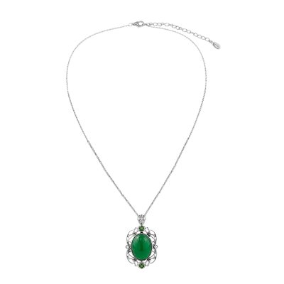 Sterling Silver Green Jadeite With Chrome diopside Pendant With Chain 18 Inches