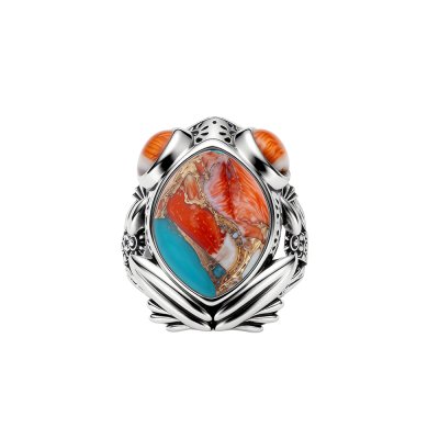 Sterling Silver Blended Turquoise With Spiny Oyster Shell Frog Ring