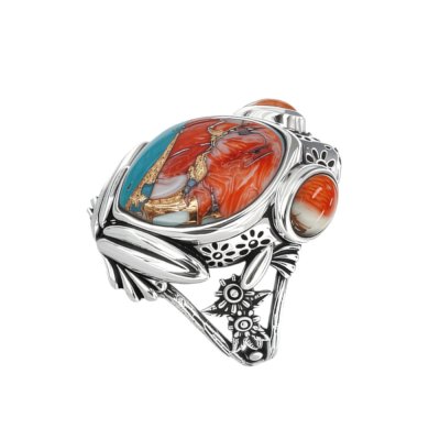 Sterling Silver Blended Turquoise With Spiny Oyster Shell Frog Ring