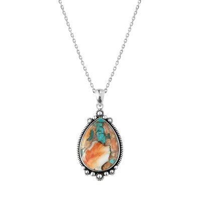 Sterling Silver Blended Turquoise With Spiny Oyster Shell Pendant With Chain 18 Inches