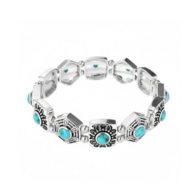 Brass Turquoise Men's Elastic Bracelet 8 Inches Over Silver Plated