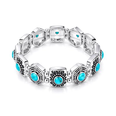 Brass Turquoise Men's Elastic Bracelet 8 Inches Over Silver Plated