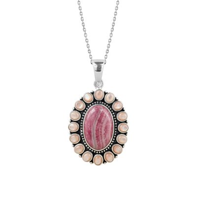 Sterling Silver Rhodochrosite & Pink Shell Pendant With Chain 18 Inches