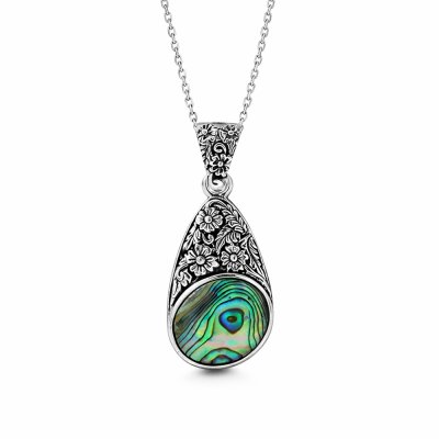Sterling Silver Abalone Florwer Pendant With Chain 18 Inches