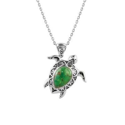 Sterling Silver Green Turquoise Turtle Pendant With Chain 18 Inches