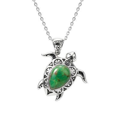Sterling Silver Green Turquoise Turtle Pendant With Chain 18 Inches