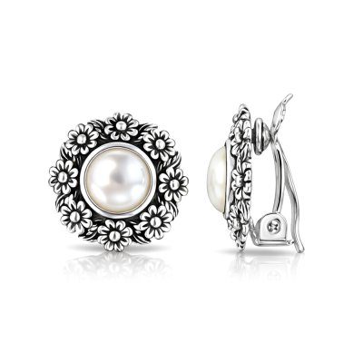 Sterling Silver Mother of Pearl Clip Bali Flower Earrings