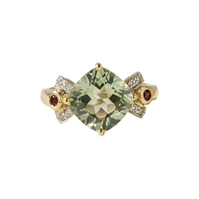 Sterling Silver Green Amethyst & Garnet and White Topaz  Ring Over 18K Yellow Gold Plated