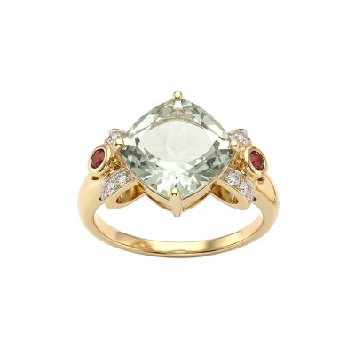 Sterling Silver Green Amethyst & Garnet and White Topaz  Ring Over 18K Yellow Gold Plated