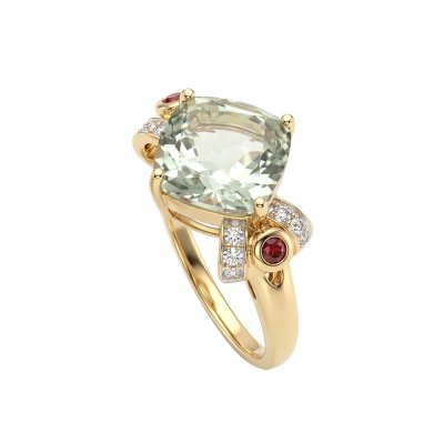 Sterling Silver Green Amethyst & Garnet and White Topaz  Ring Over 18K Yellow Gold Plated