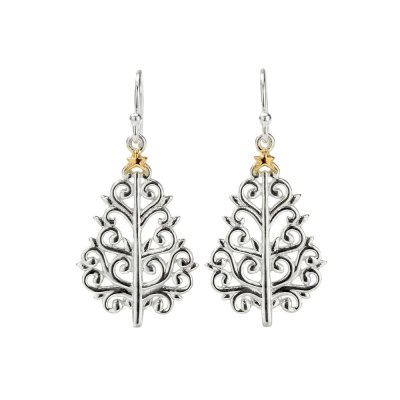 Sterling Silver Two-Tone Filigree Christmas Tree Earrings