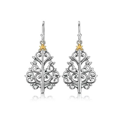 Sterling Silver Two-Tone Filigree Christmas Tree Earrings