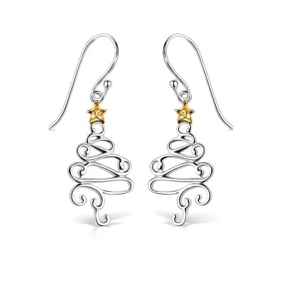 Sterling Silver Two-Tone Christmas Tree Earrings