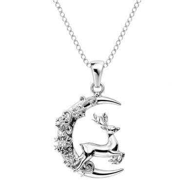 Sterling Silver Deer White White Cubic Zirconia Pendant With Chain 18 Inches