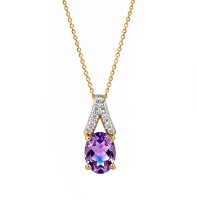 Sterling Silver  Amethyst & White Zircon Pendant Over 18K Yellow Gold Plated with Chain 18 Inches