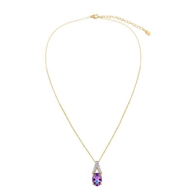 Sterling Silver  Amethyst & White Zircon Pendant Over 18K Yellow Gold Plated with Chain 18 Inches