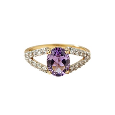 Sterling Silver  Amethyst & White Zircon Ring Over 18K Yellow Gold Plated