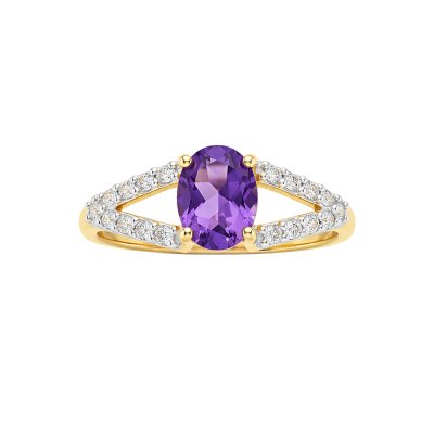 Sterling Silver  Amethyst & White Zircon Ring Over 18K Yellow Gold Plated