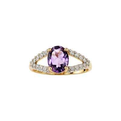 Sterling Silver  Amethyst & White Zircon Ring Over 18K Yellow Gold Plated