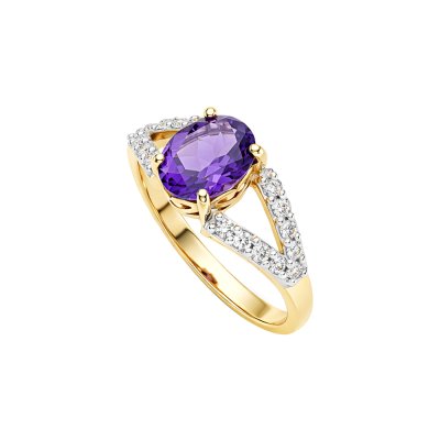 Sterling Silver  Amethyst & White Zircon Ring Over 18K Yellow Gold Plated