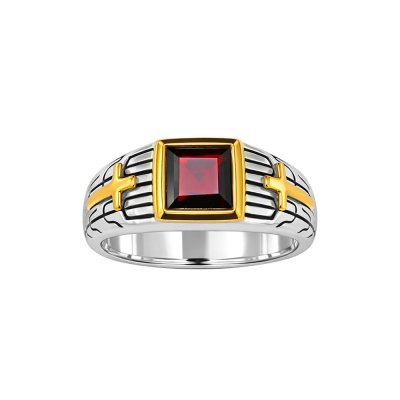 Sterling Silver Garnet Two-Tone Men's Ring