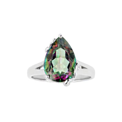 Brass Mystic Quartz Pear Ring Over Rhodium Plated