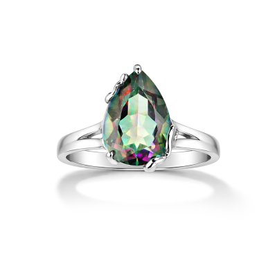 Mystic Quartz Pear Brass Ring Over Rhodium Plated