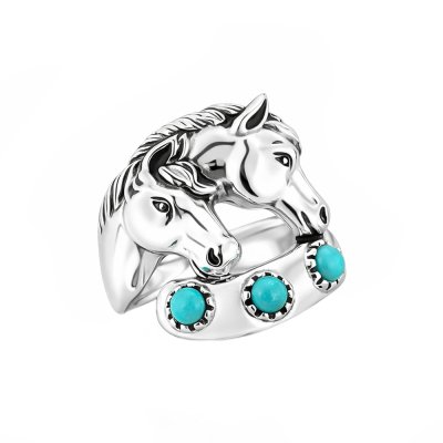 Horse Turquoise Brass Ring Over Rhodium Plated