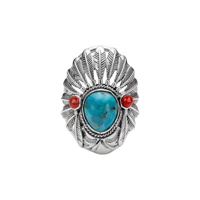 Sterling Silver Turquoise and Sponge Coral Apache Ring