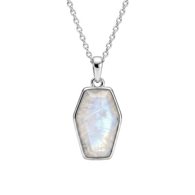 Rainbow Moonstone Sterling Silver Coffin Pendant Necklace