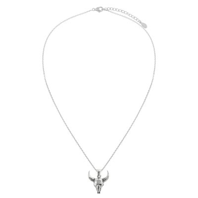 Sterling Silver Bull Skull Pendant Necklace