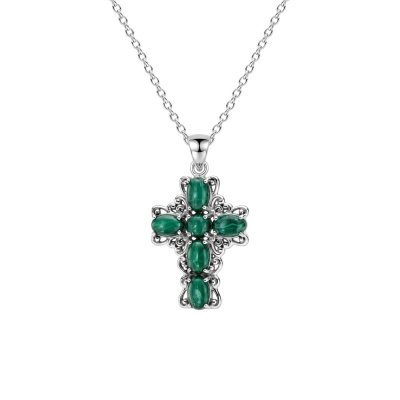 Malachite Sterling Silver Cross Pendant With Chain 18+2 Inches