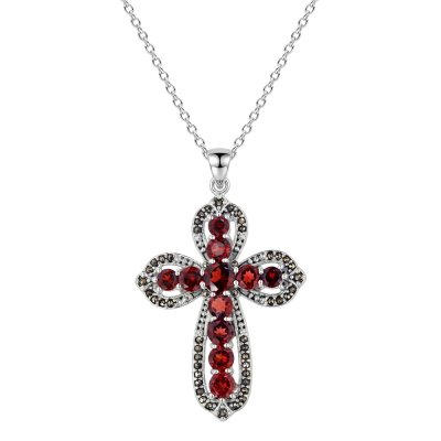 Garnet & Marcasite Sterling Silver Cross Pendant With Chain 18+2 Inches