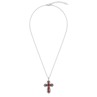 Garnet & Marcasite Sterling Silver Cross Pendant With Chain 18+2 Inches