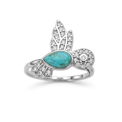 Turquoise & White Zircon Sterling Silver Hummingbird Ring