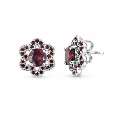 Garnet Sterling Silver Flower Earrings
