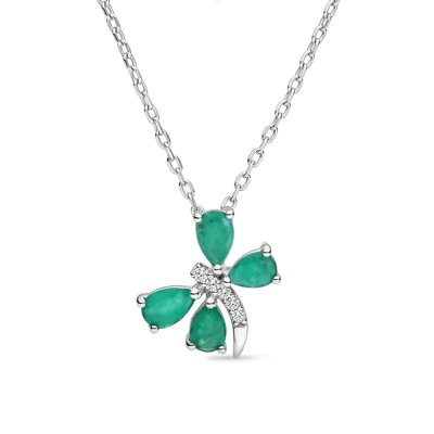Emerald & White Zircon Sterling Silver Butterfly Pendant With Chain 18+2 Inches