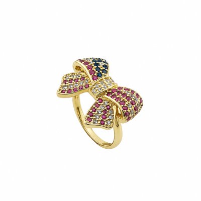 Red & Blue with White Lab Created Sapphire 18K Yellow Gold Over Sterling Silver American Flag Bow Ring