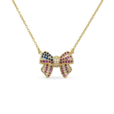 Red & Blue with White Lab Created Sapphire 18K Yellow Gold Over Sterling Silver American Flag Bow Necklace 18+2 Inches