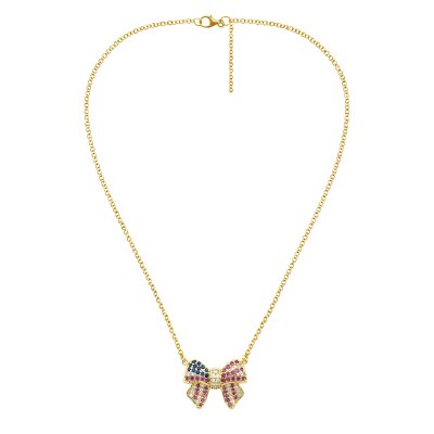 Red & Blue with White Lab Created Sapphire 18K Yellow Gold Over Sterling Silver American Flag Bow Necklace 18+2 Inches