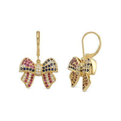 Red & Blue with White Lab Created Sapphire 18K Yellow Gold Over Sterling Silver American Flag Bow Earrings