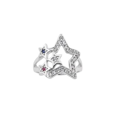 Red & Blue with White Lab Created Sapphire Sterling Silver Star Ring