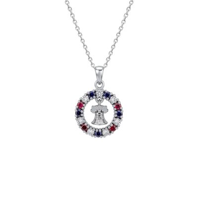 Red & Blue with White Lab Created Sapphire Sterling Silver America’s Liberty Bell Pendant With Chain 18+2 Inches