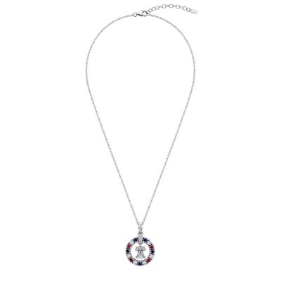 Red & Blue with White Lab Created Sapphire Sterling Silver America’s Liberty Bell Pendant With Chain 18+2 Inches